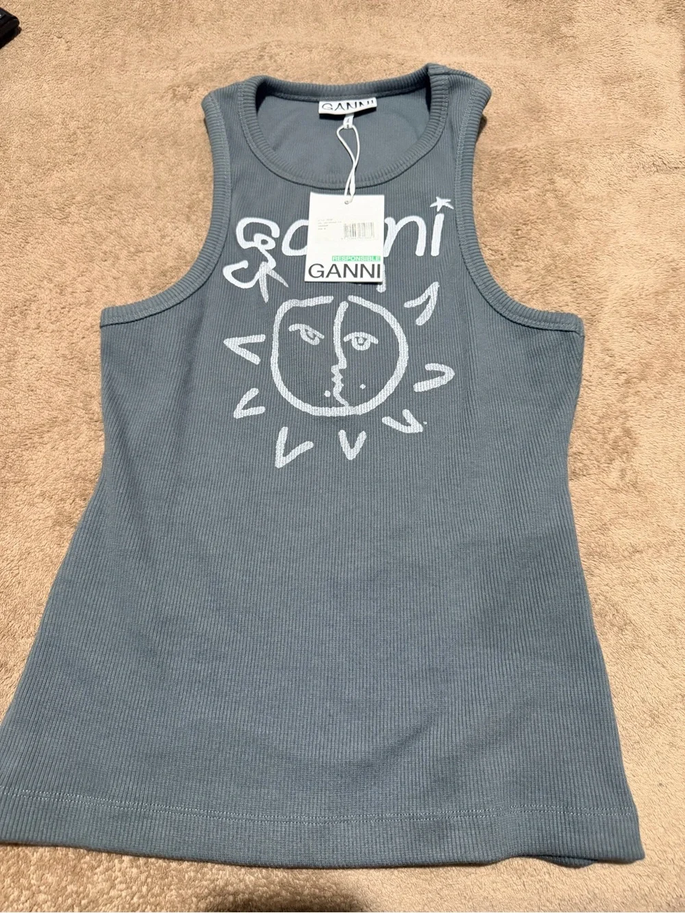 Ganni Women Gray Graphic Ribbed Tank Top